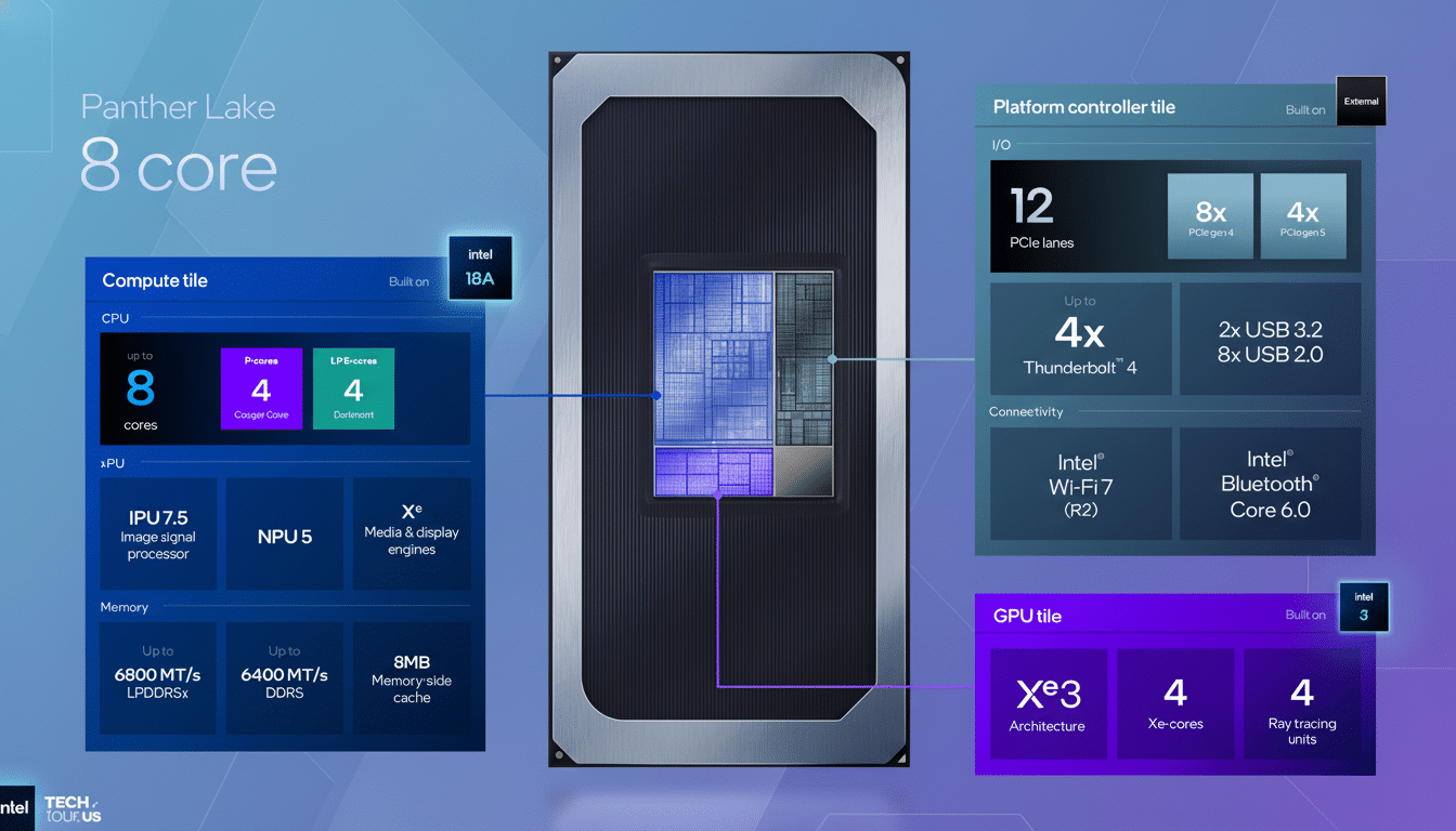 A detailed diagram of the Intel Panther Lake 8-core processor, showcasing its compute tile, IPU, memory, platform controller tile, and GPU tile with specifications.