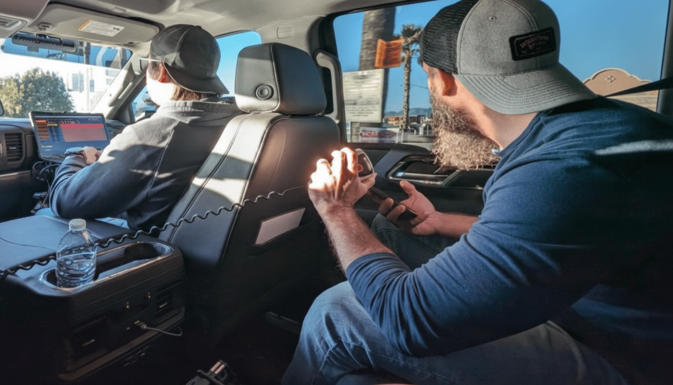 Two men in a vehicle, one looking out the window and the other working on a laptop.