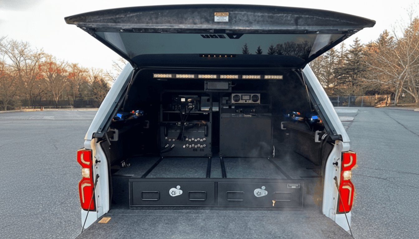 The rear view of a white pickup truck with its bed cover open, revealing custom storage and electronic equipment inside.