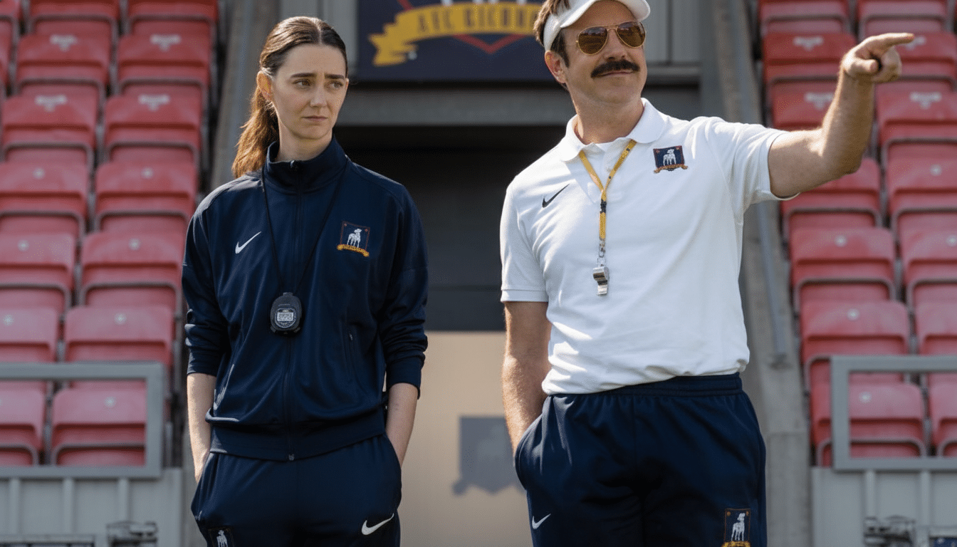 A man and a woman, both wearing athletic attire with a team logo, stand on a sports field with red stadium seating in the background. The man on the right is pointing to his right.