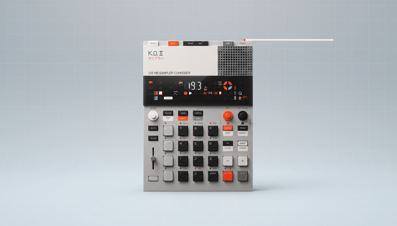 A Teenage Engineering K.O. II sampler composer device is centered on a light gray background with a subtle grid pattern. The device is a rectangular unit with a mix of gray, black, and orange buttons and controls. The top section features a screen displaying 19.3 and various icons, while the lower section has a grid of numbered and labeled buttons, faders, and a speaker grille.