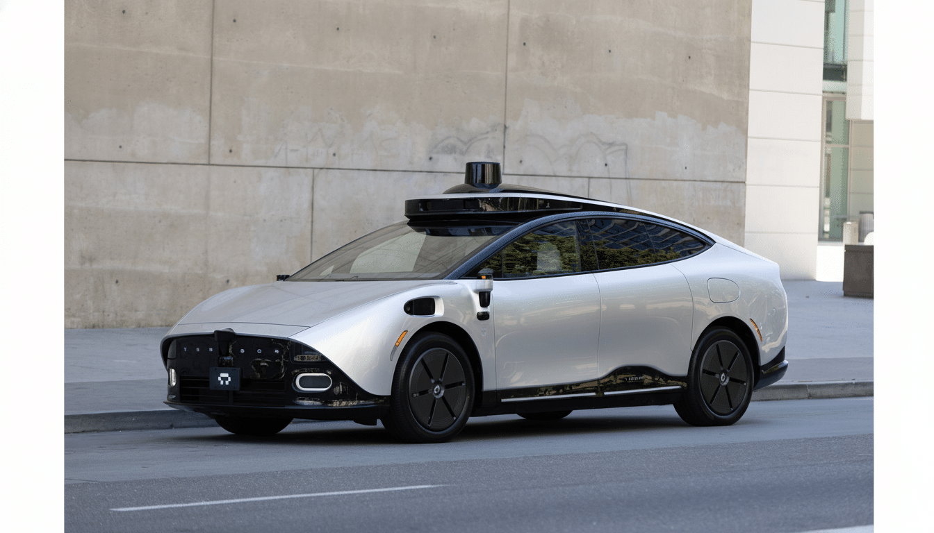 A silver autonomous vehicle with a sleek design is parked on a city street with a concrete building in the background.