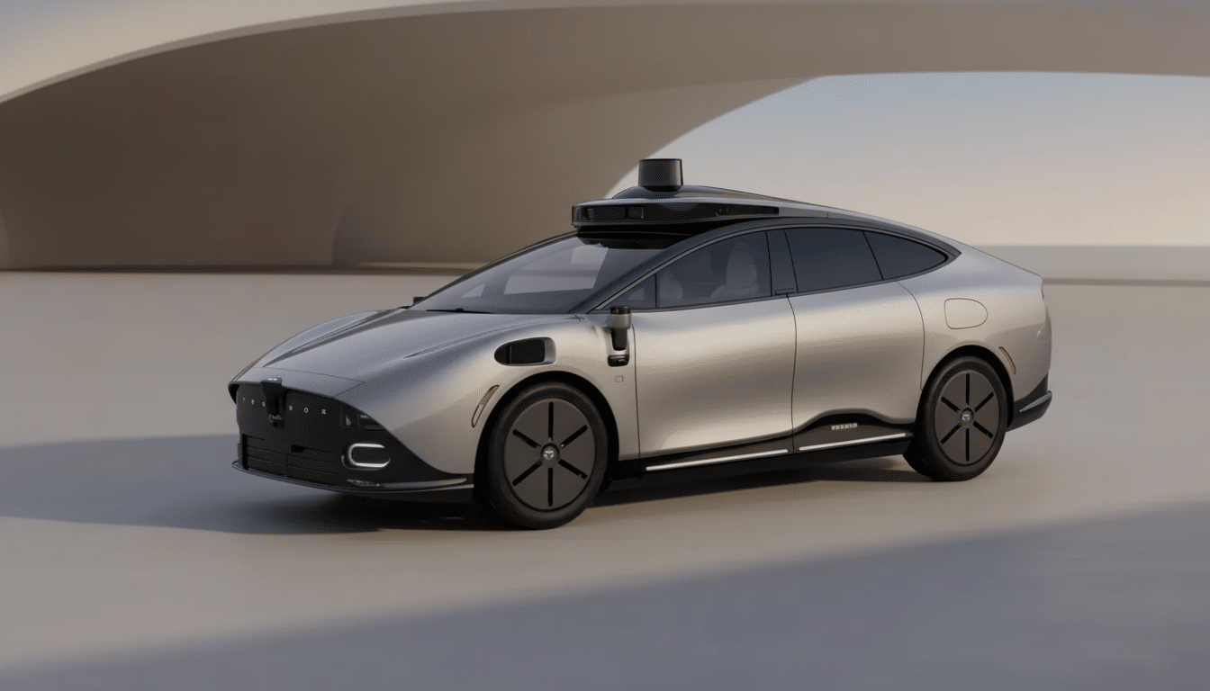 A sleek, silver autonomous vehicle with a sensor dome on its roof, parked in a modern, minimalist setting.
