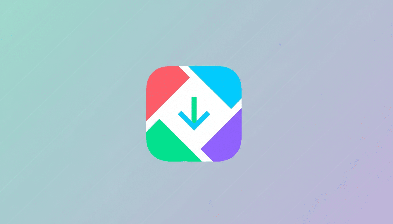A 16:9 aspect ratio image featuring a colorful app icon with a downward arrow on a professional flat design background with soft gradients.