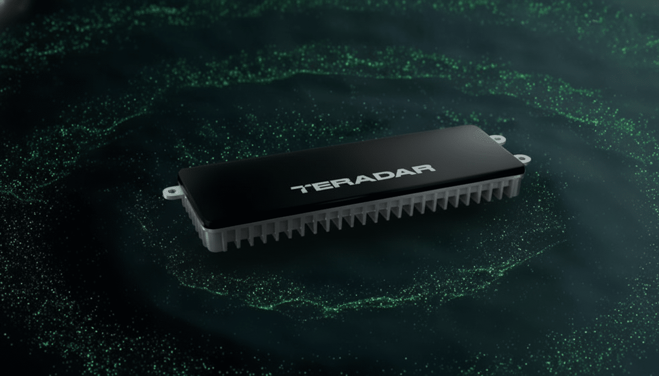 A black rectangular device with TERADAR written on it, set against a dark background with green, sparkling patterns.