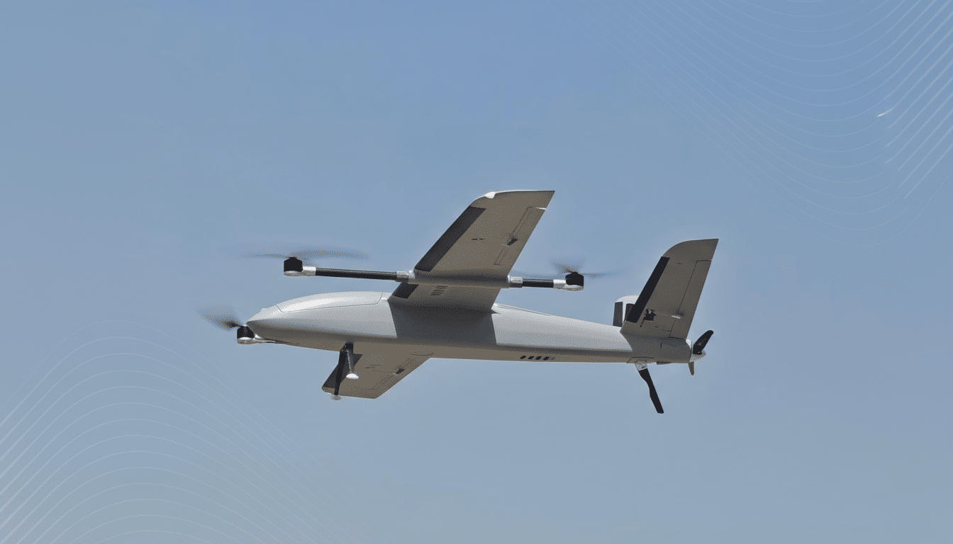 A gray drone with four propellers and a tail propeller flying against a clear blue sky with subtle, light gray wave patterns in the background.