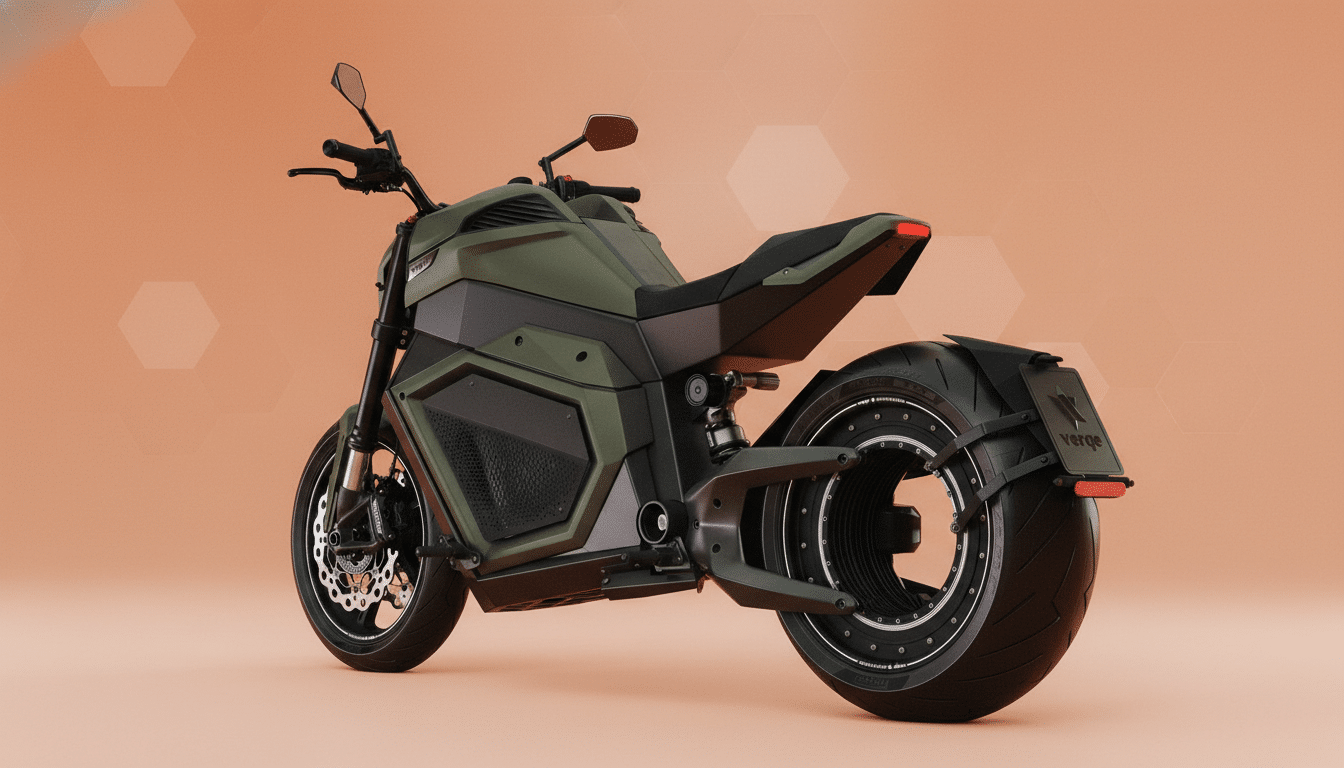 A sleek, dark green electric motorcycle with a unique hubless rear wheel, presented against a professional, soft peach background with subtle hexagonal patterns.
