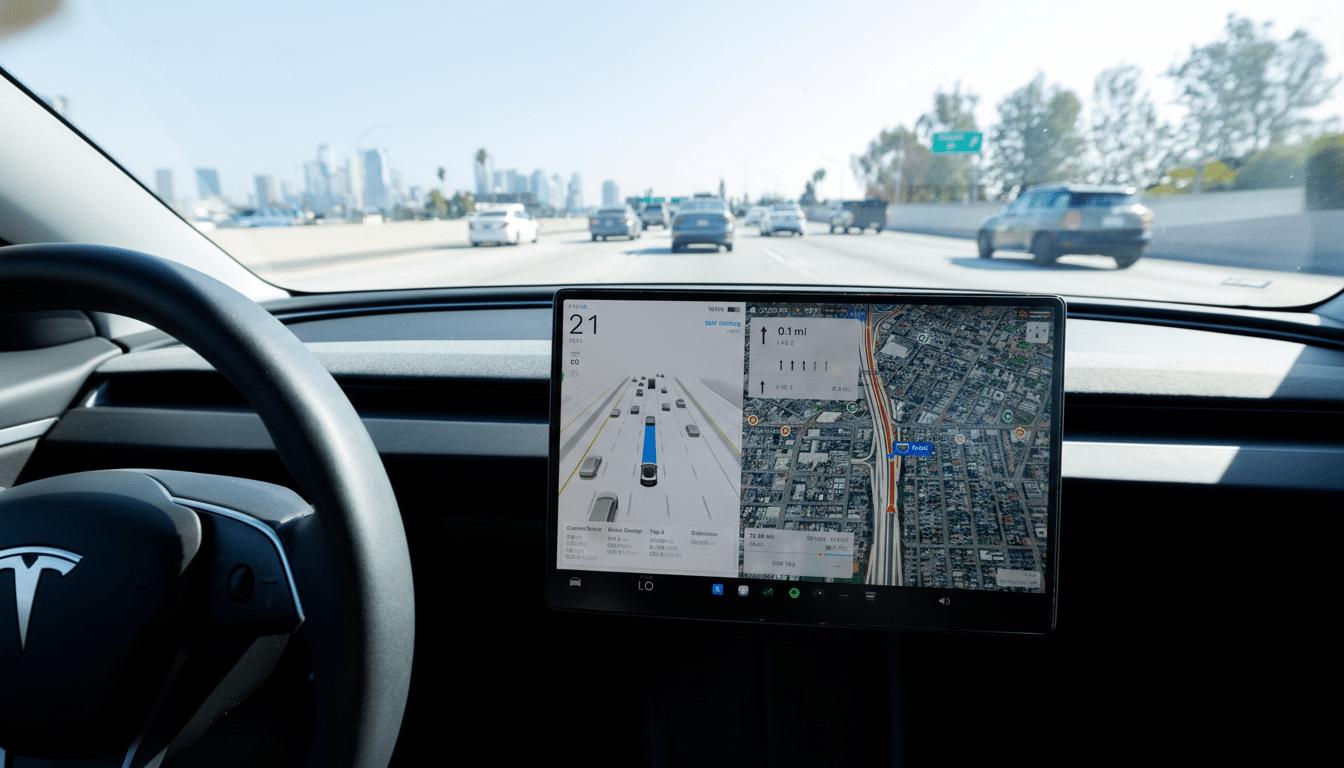 A Teslas dashboard screen displaying navigation and self-driving visualization, with a highway view through the windshield.