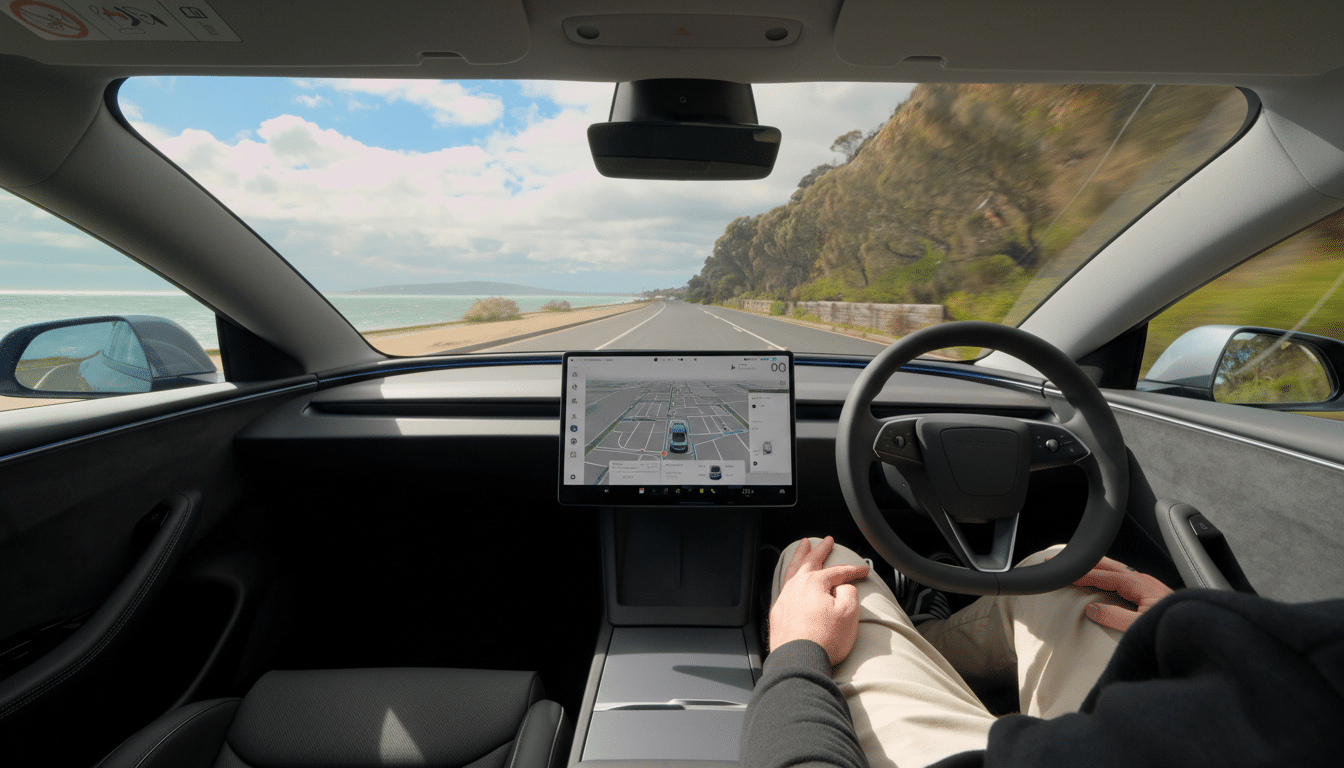 A persons hands are visible on the steering wheel of a car, with a digital display showing a navigation map. The car is driving on a coastal road with a clear sky and ocean visible through the windshield.