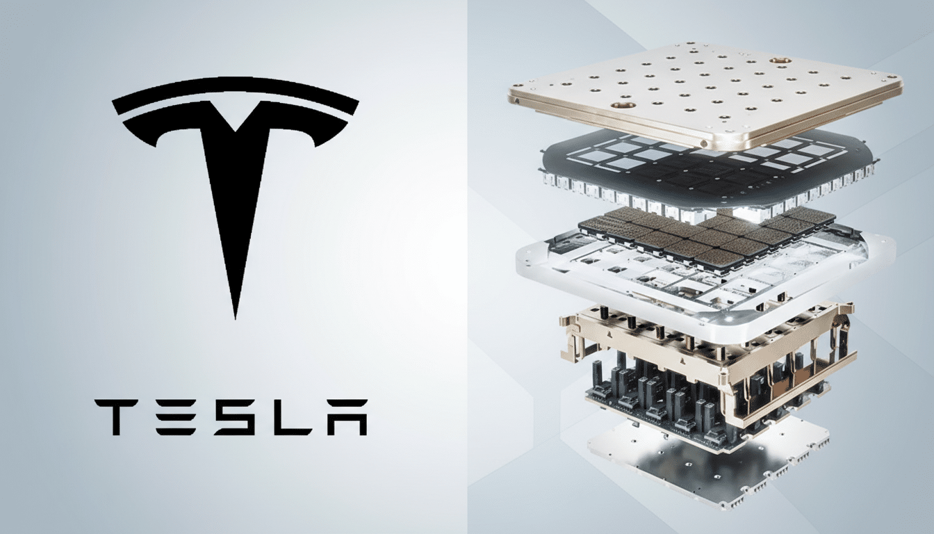 A 16:9 aspect ratio image featuring the black Tesla logo and wordmark on the left, and an exploded view of a complex, multi-layered electronic component on the right, set against a professional flat design background with a soft gradient.