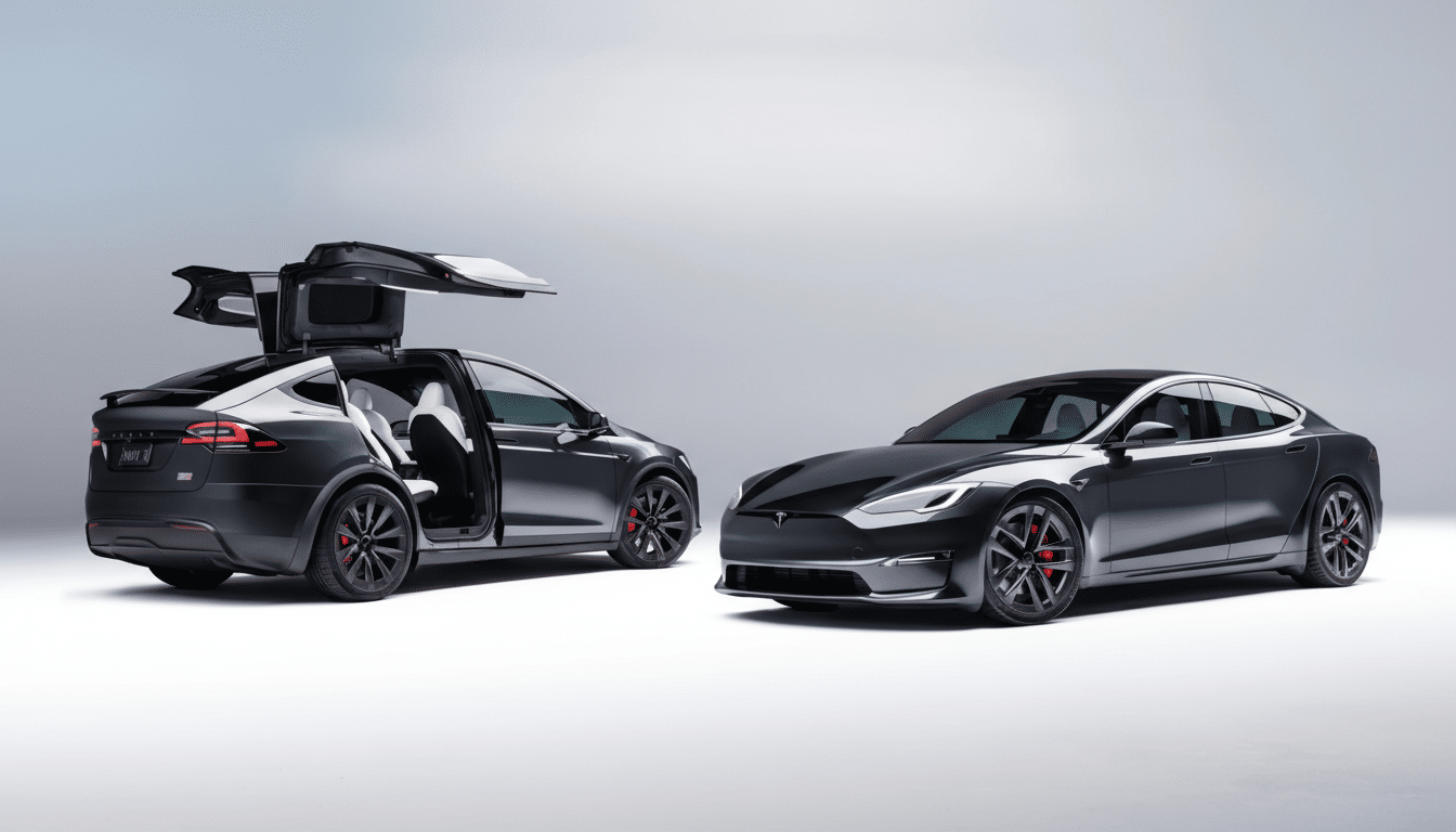 Two dark gray Tesla cars, a Model X with its falcon-wing doors open and a Model S, are parked side-by-side on a light gray background.