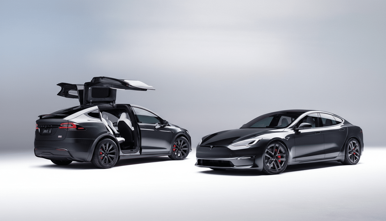 Two dark grey Tesla cars, a Model X with its falcon-wing doors open and a Model S, are parked on a light grey surface against a soft, light grey background.