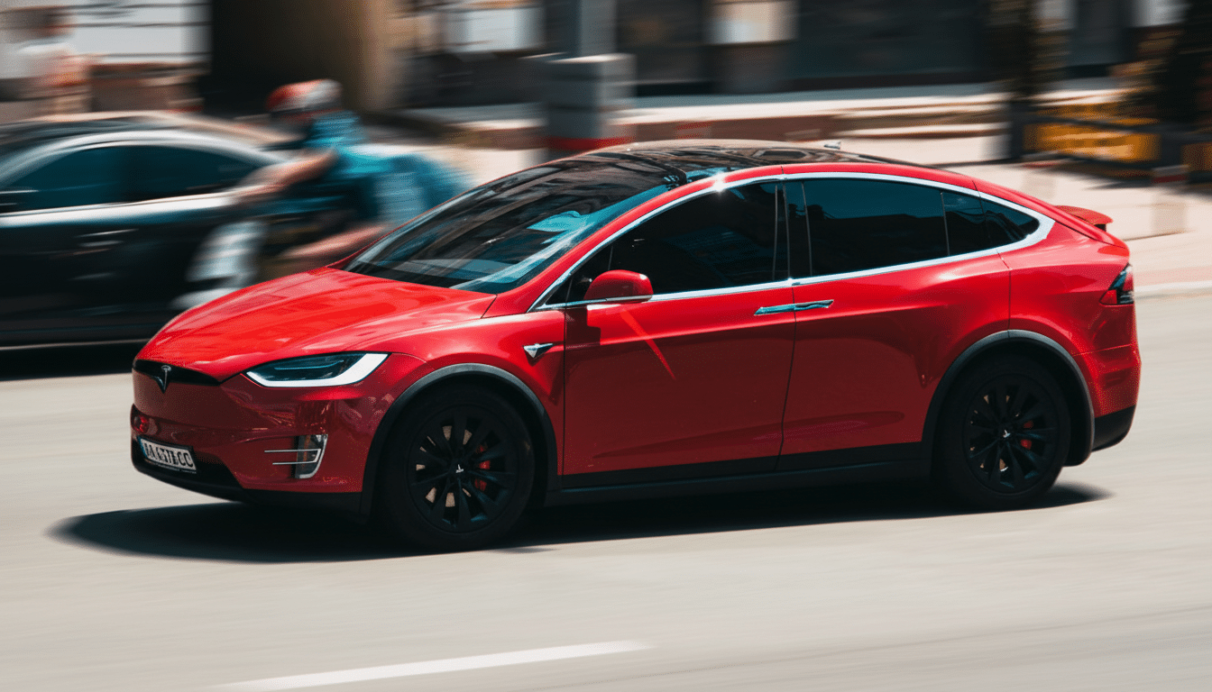 A red Tesla Model X driving on a street with a blurred background, resized to a 16:9 aspect ratio.