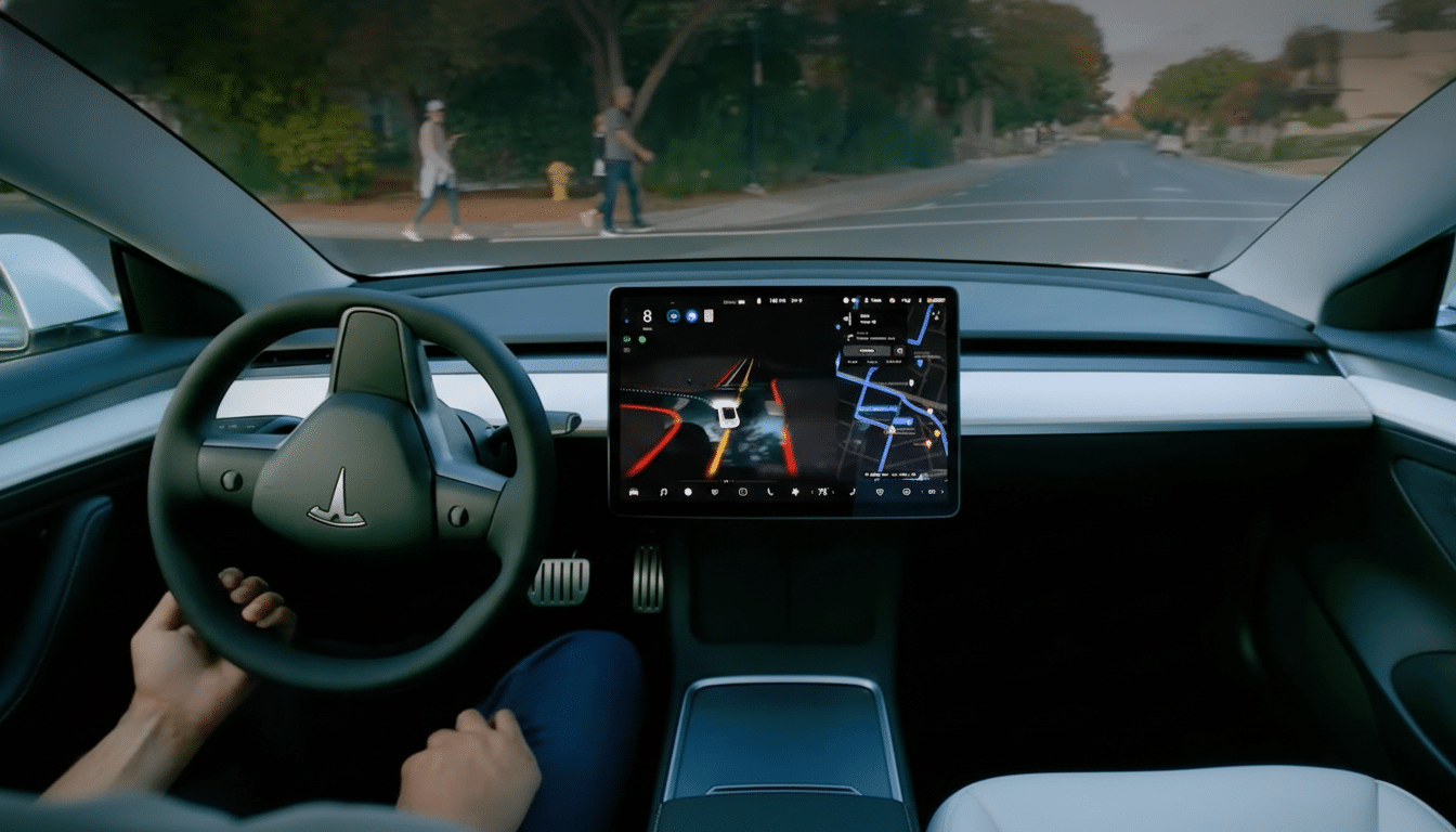 A persons hands on the steering wheel of a Tesla, with the cars central display showing navigation and a real-time rendering of the road ahead.