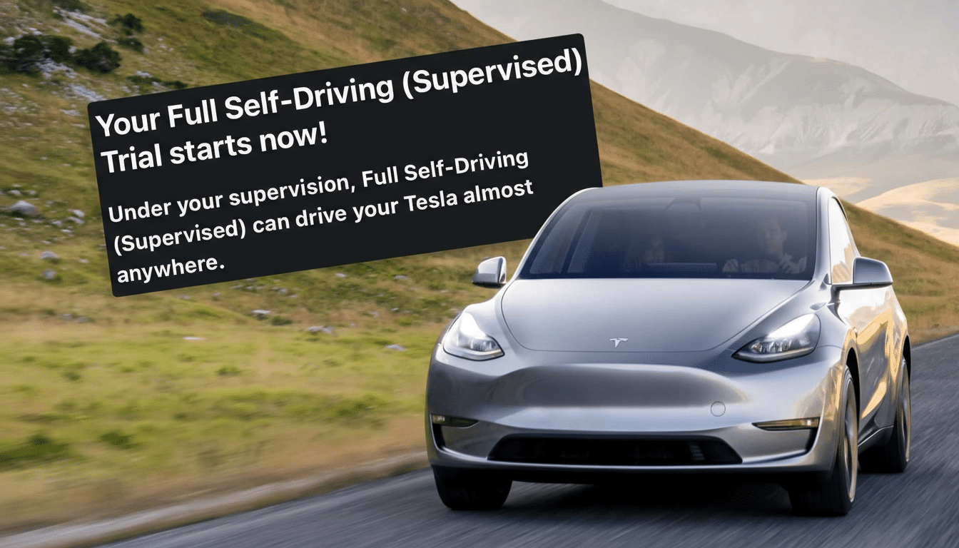 A Tesla Model Y driving on a winding road with mountains in the background, overlaid with a black text box announcing Your Full Self-Driving (Supervised) Trial starts now!