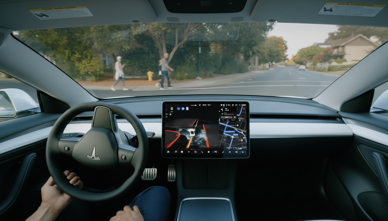 A persons hands on the steering wheel of a Tesla, with the cars central display showing navigation and a real-time rendering of the road ahead. The view through the windshield shows a street with people walking on the sidewalk.