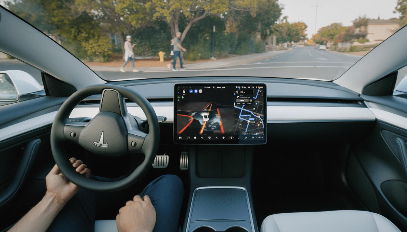 A 16:9 aspect ratio image of the interior of a Tesla car, showing the steering wheel, dashboard, and a large central display screen with navigation and driving information. Through the windshield, a street scene with people walking and trees is visible.