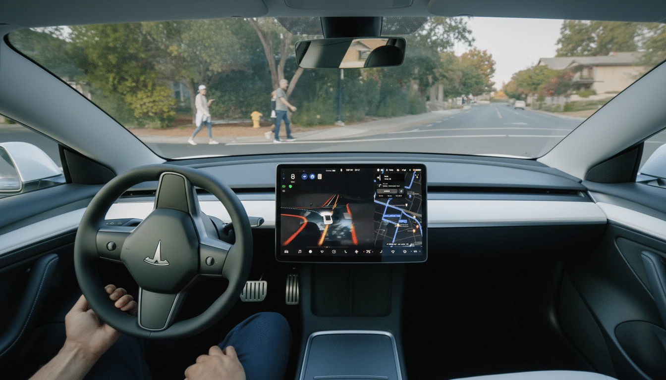 A persons hands are on the steering wheel of a Tesla, with the cars large central screen displaying navigation and driving information. The view through the windshield shows a street with people walking on the sidewalk and trees.