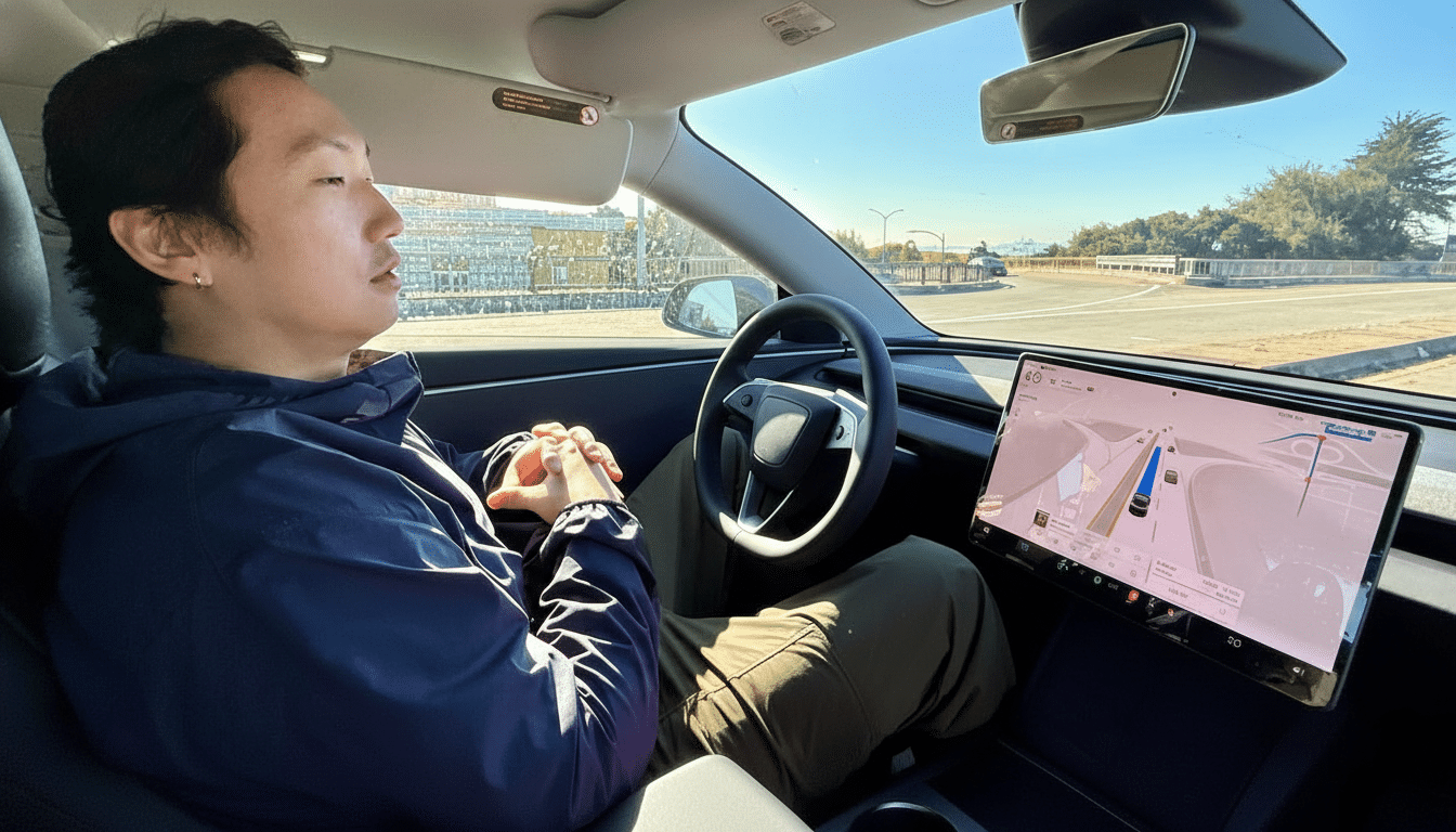 A man sitting in the drivers seat of a car, looking forward, with a large screen displaying navigation on the right.