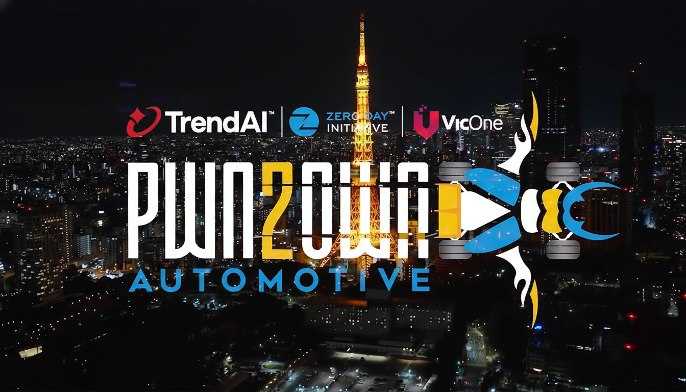 The Pwn2Own Automotive logo and partner logos (TrendAI, Zero Day Initiative, VicOne) are displayed over a nighttime cityscape with the Tokyo Tower in the background.