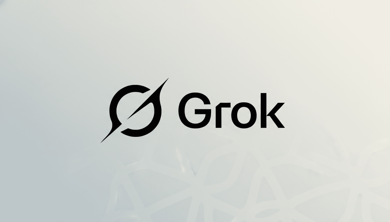 The Grok logo, featuring a stylized black G symbol with a diagonal slash, next to the word Grok in black sans-serif font, all set against a professional light gray background with subtle, soft patterns.