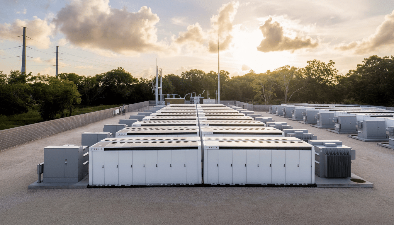 An outdoor installation of multiple large white Tesla battery storage units under a partly cloudy sky with trees in the background.