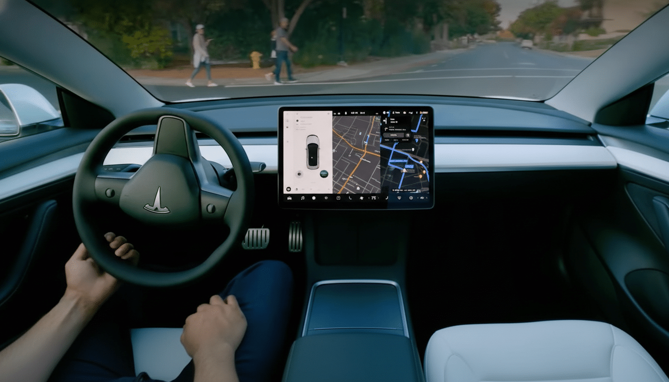 A persons hands on the steering wheel of a Tesla, with the cars central display showing navigation and vehicle information.
