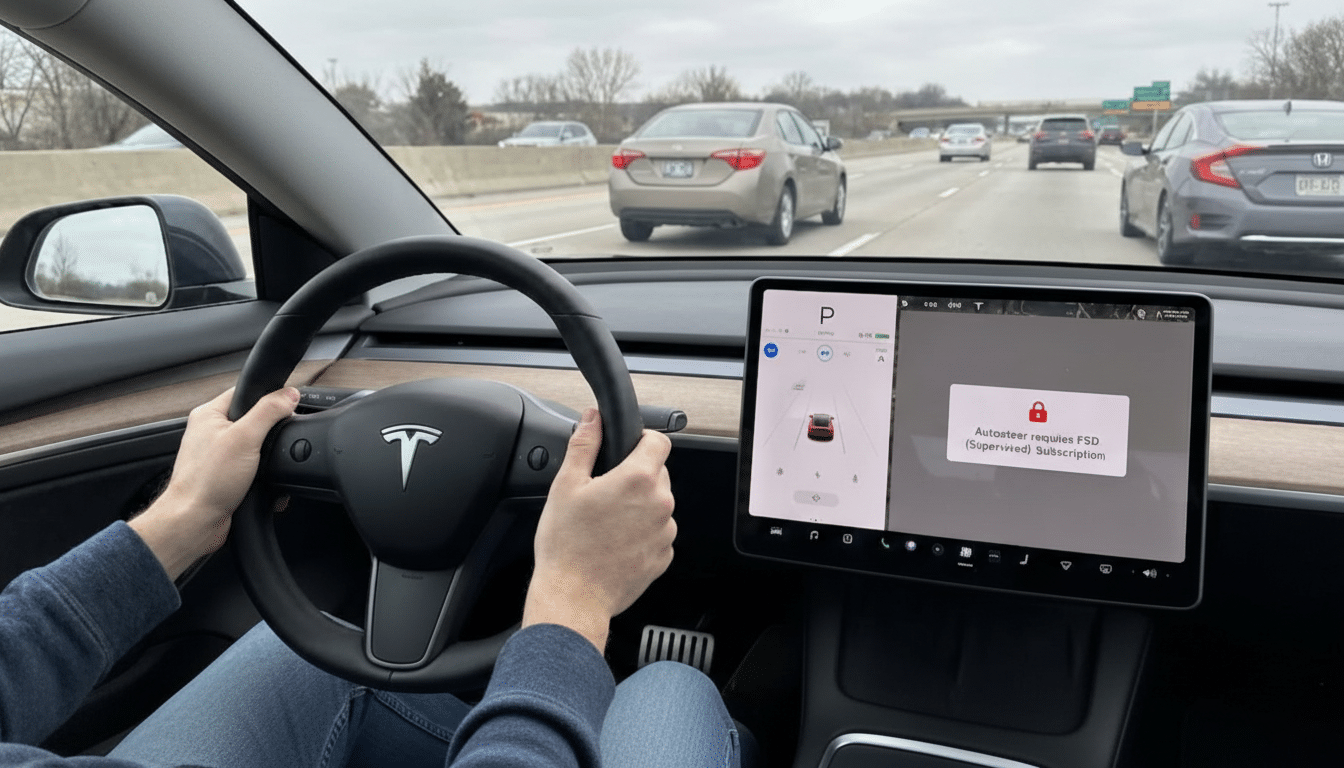 A persons hands on the steering wheel of a Tesla, with a large screen displaying a message about requiring an FSD (Supervised) subscription, while driving on a highway.