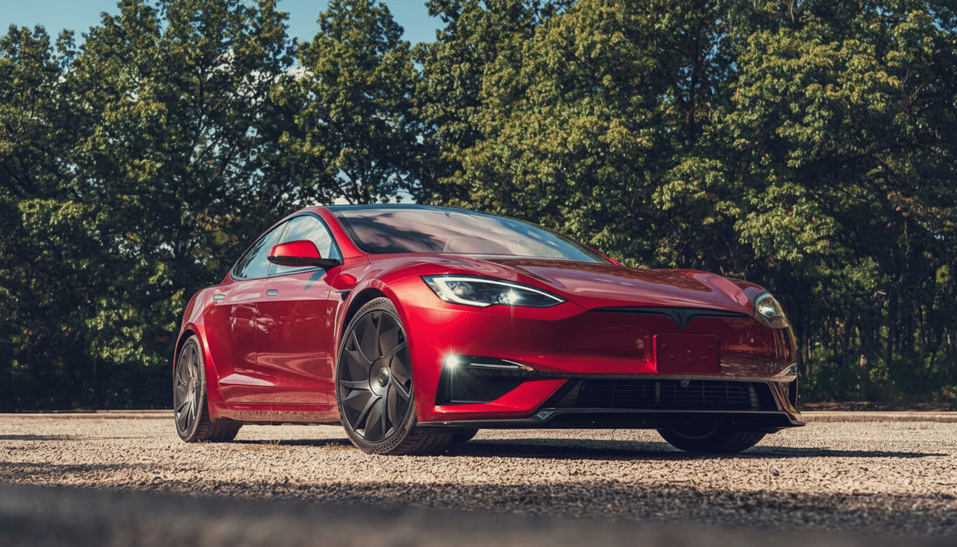 A red Tesla Model S parked on a gravel surface with a background of green trees under a blue sky, resized to a 16:9 aspect ratio.
