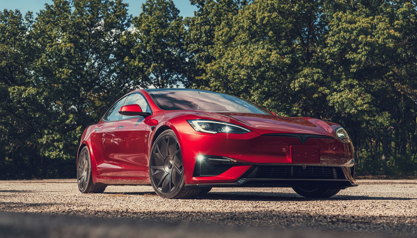 A red Tesla Model S parked on a gravel surface with a background of green trees under a blue sky.