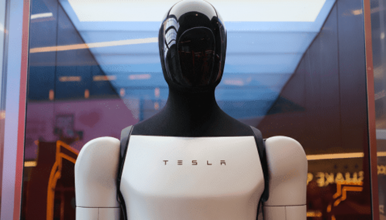 A Tesla robot, with a black head and white torso, stands in a reflective environment.