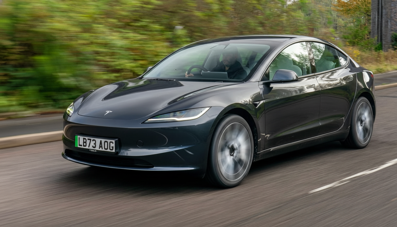 A dark grey Tesla Model 3 driving on a road with blurred green foliage in the background.