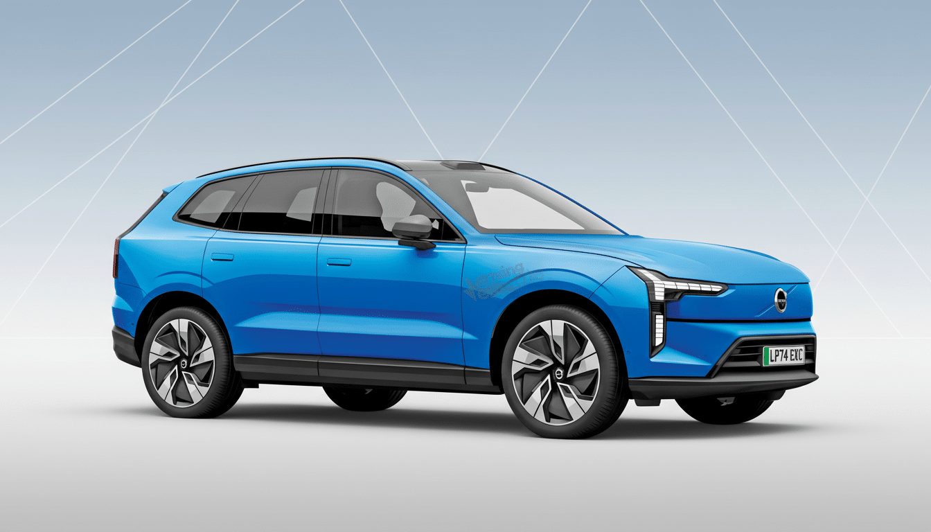 A blue Volvo EX30 electric SUV is shown from a three-quarter front view, parked on a light gray surface with a subtle gradient and geometric pattern background.