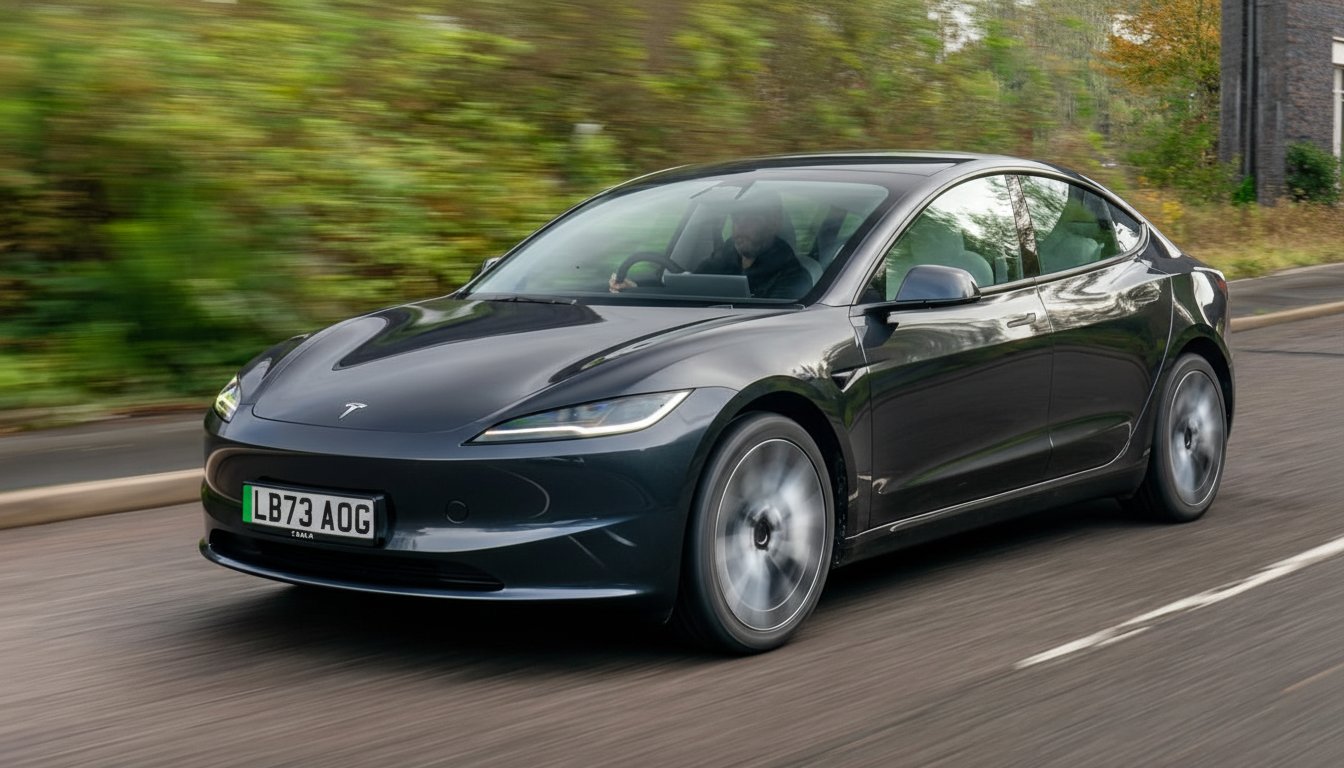 A dark grey Tesla Model 3 driving on a road with a blurred green background.