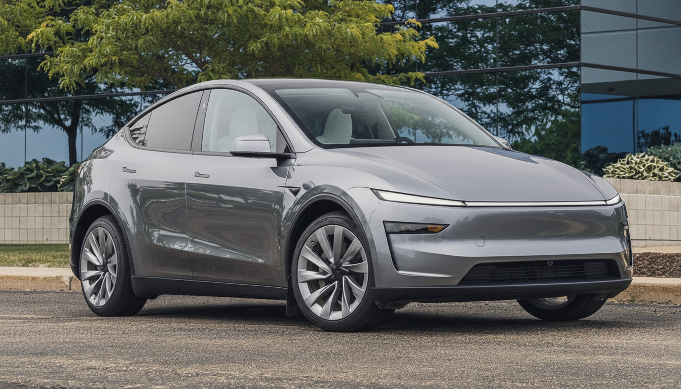 A sleek, gray electric car parked on asphalt with a modern building and trees in the background.