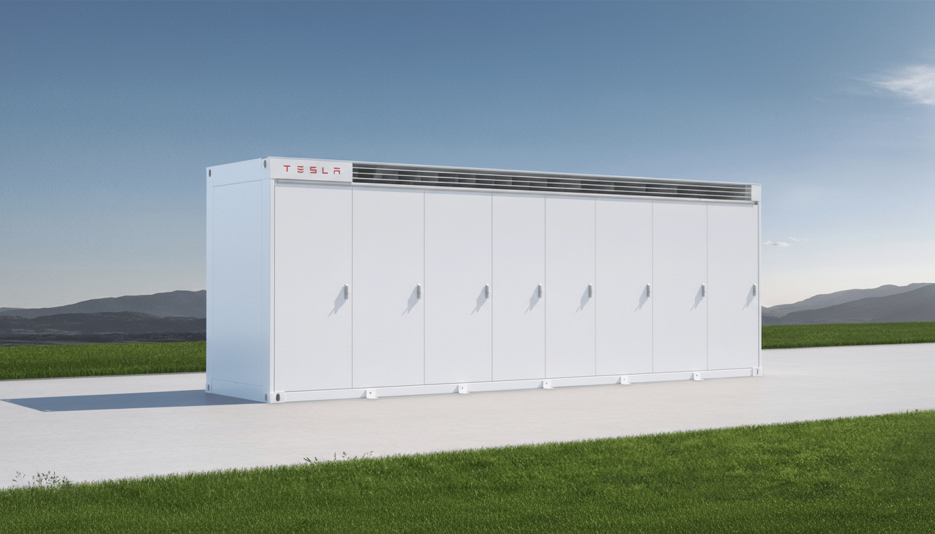 A large, white Tesla battery storage unit stands on a paved surface with green grass and distant mountains under a clear sky.