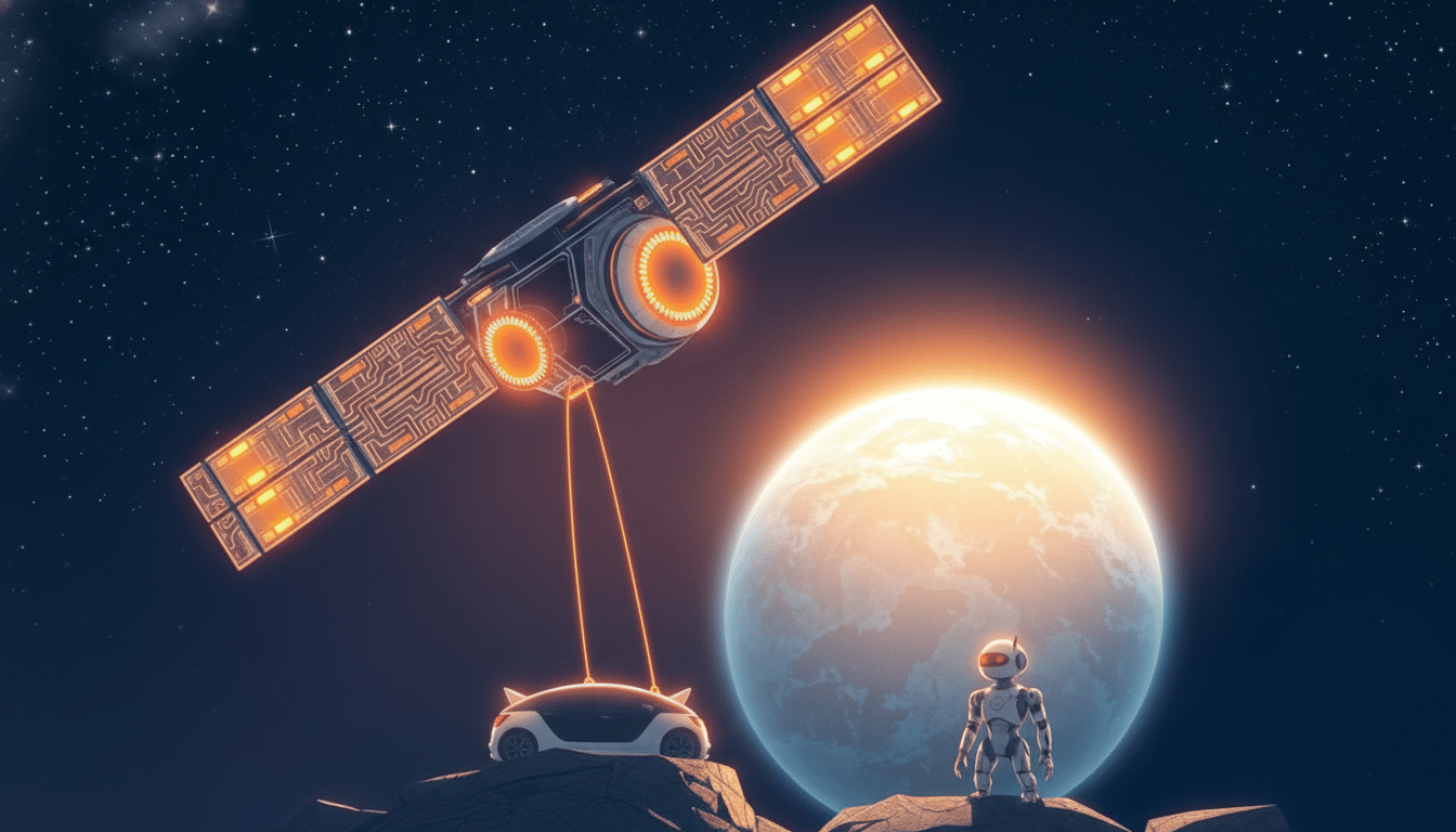 A futuristic scene with a satellite, a small car, and a robot on a rocky surface, with a glowing planet and stars in the background.