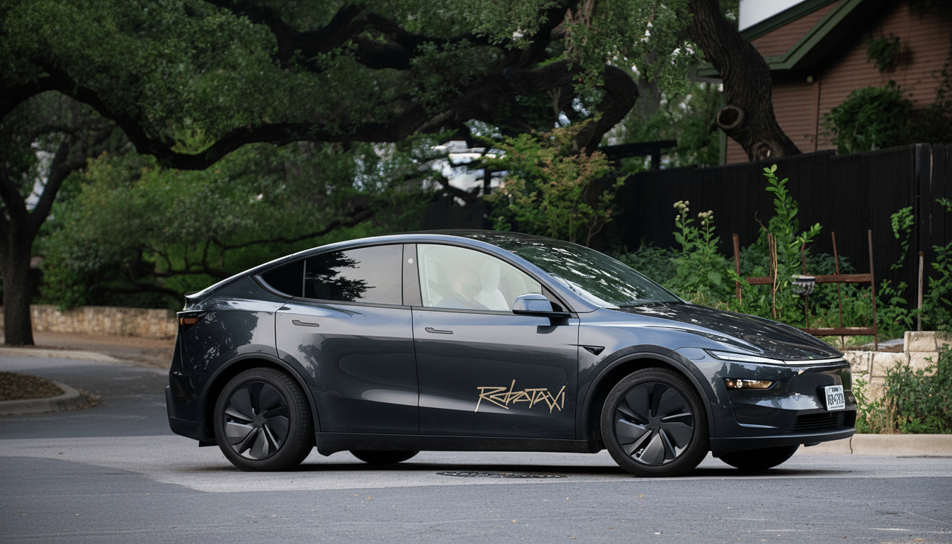 A dark gray Tesla Cybertruck-inspired vehicle with Robotaxi written on its side in gold, parked on a street with trees and a house in the background.