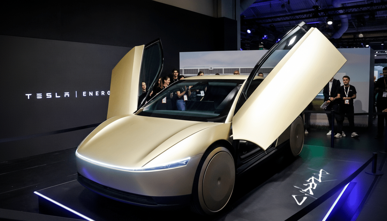 A gold Tesla electric car with its unique upward-opening doors displayed at an event, with people visible in the background.