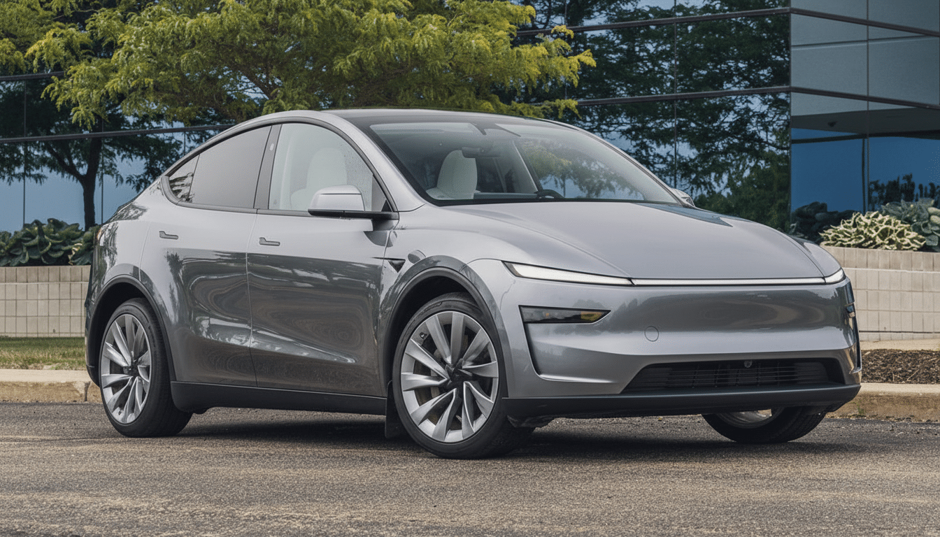 A sleek, gray electric car parked on asphalt with a modern building and green trees in the background.