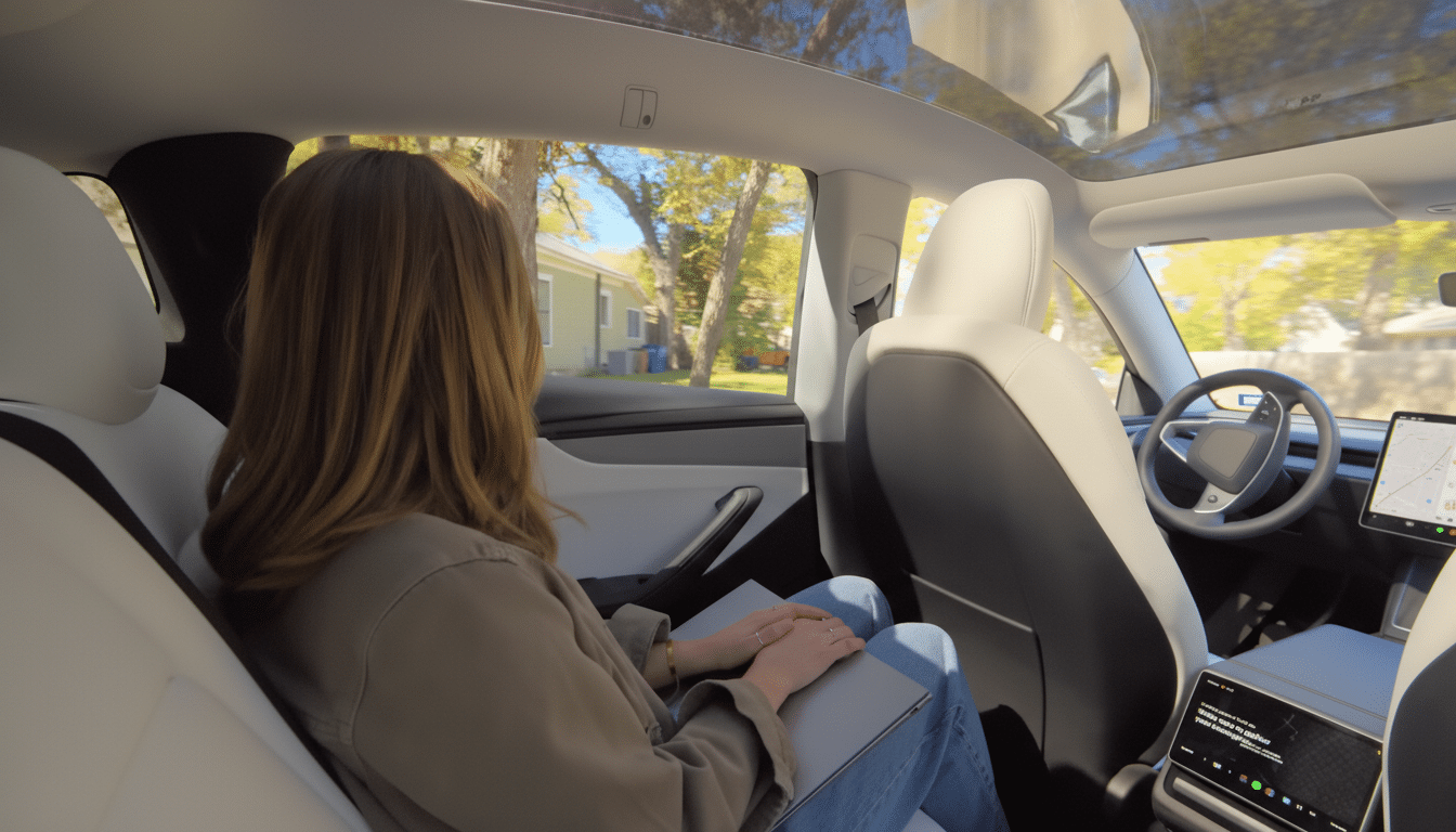 A woman with long brown hair sits in the back seat of a Tesla, looking out the window. The cars interior is visible, including the panoramic glass roof and the front dashboard with a screen.