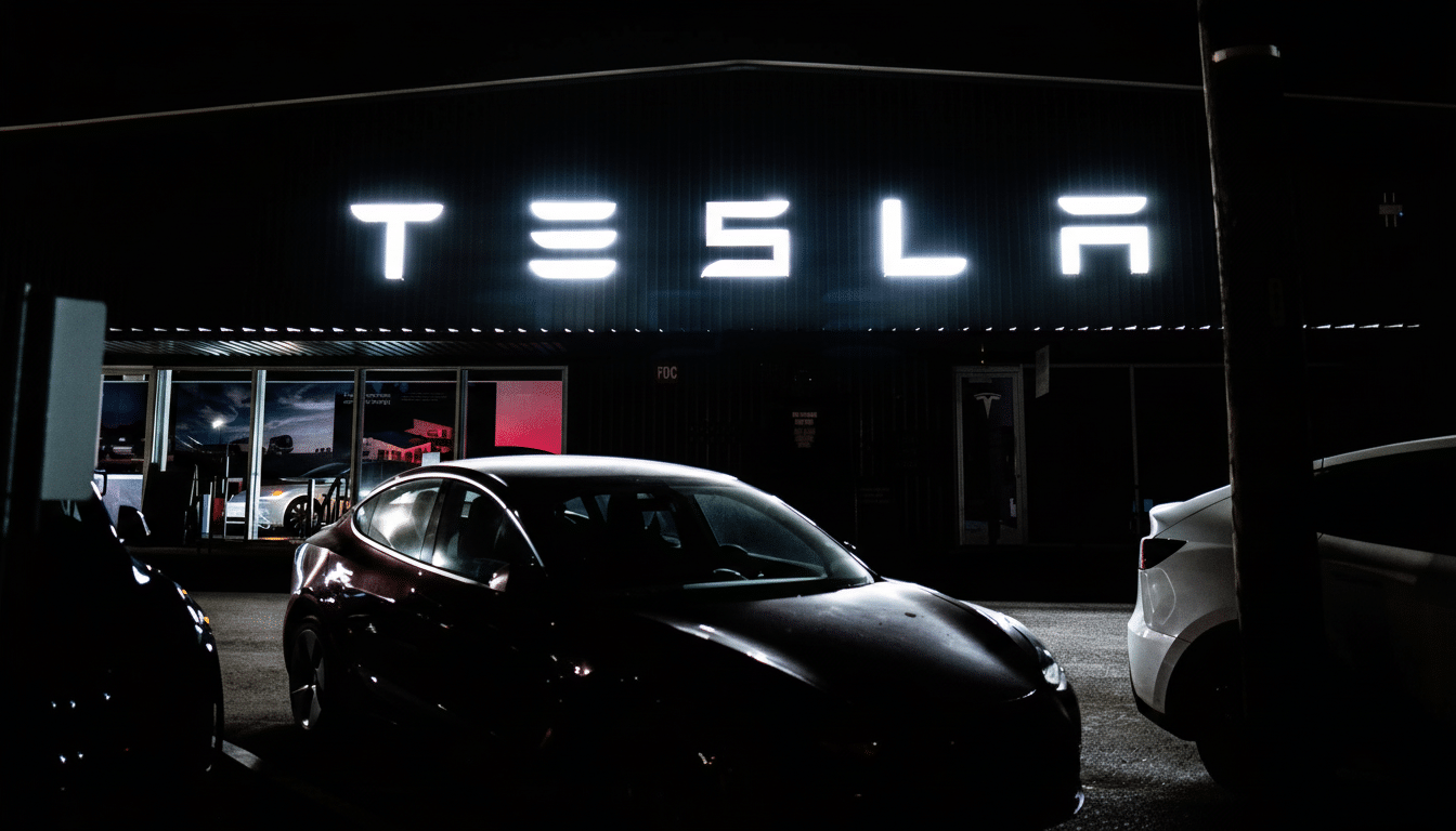 A Tesla dealership at night with the illuminated TESLA sign above, and a dark Tesla car parked in the foreground.