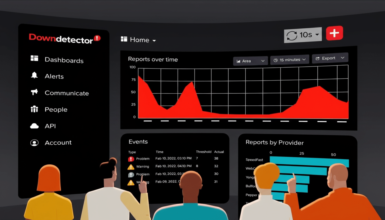 A professional dashboard interface with charts and data, viewed by four people from behind.