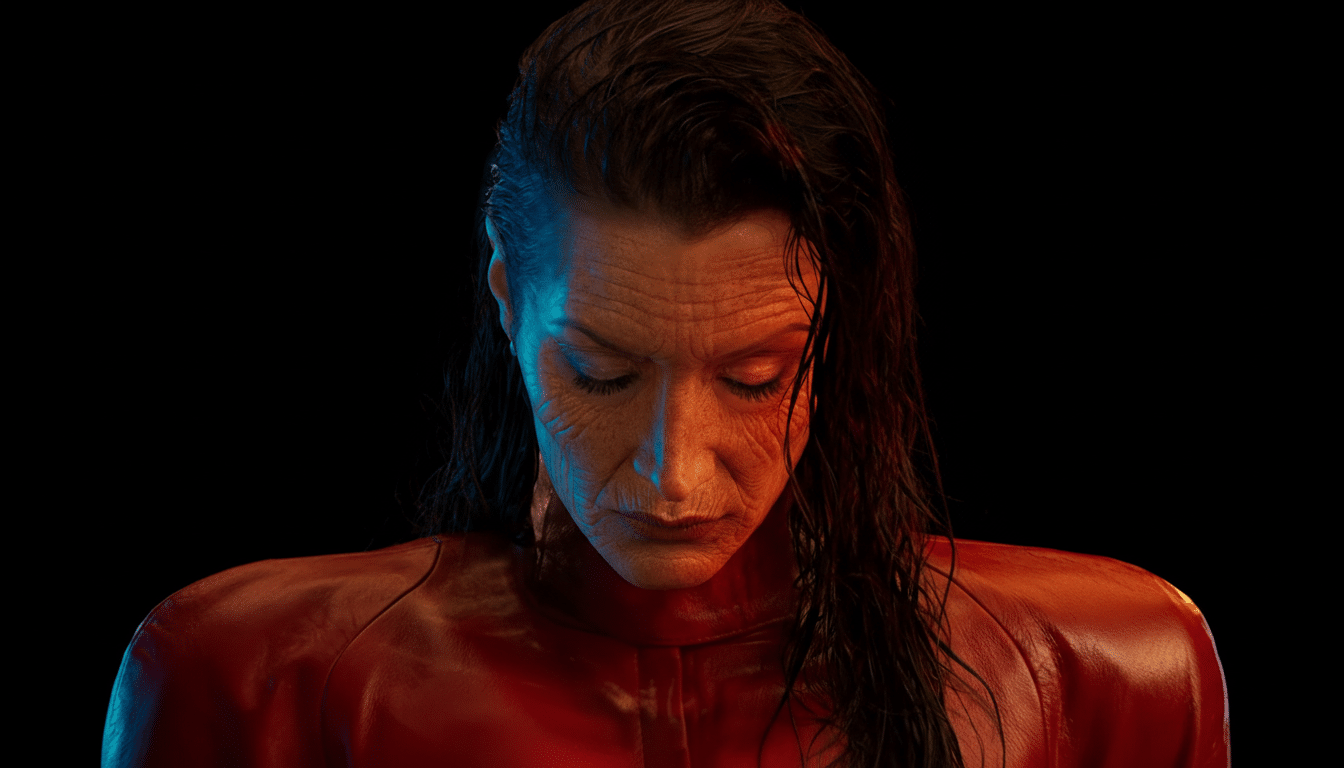 A woman with wet, dark hair and a red top, looking down with dramatic lighting.