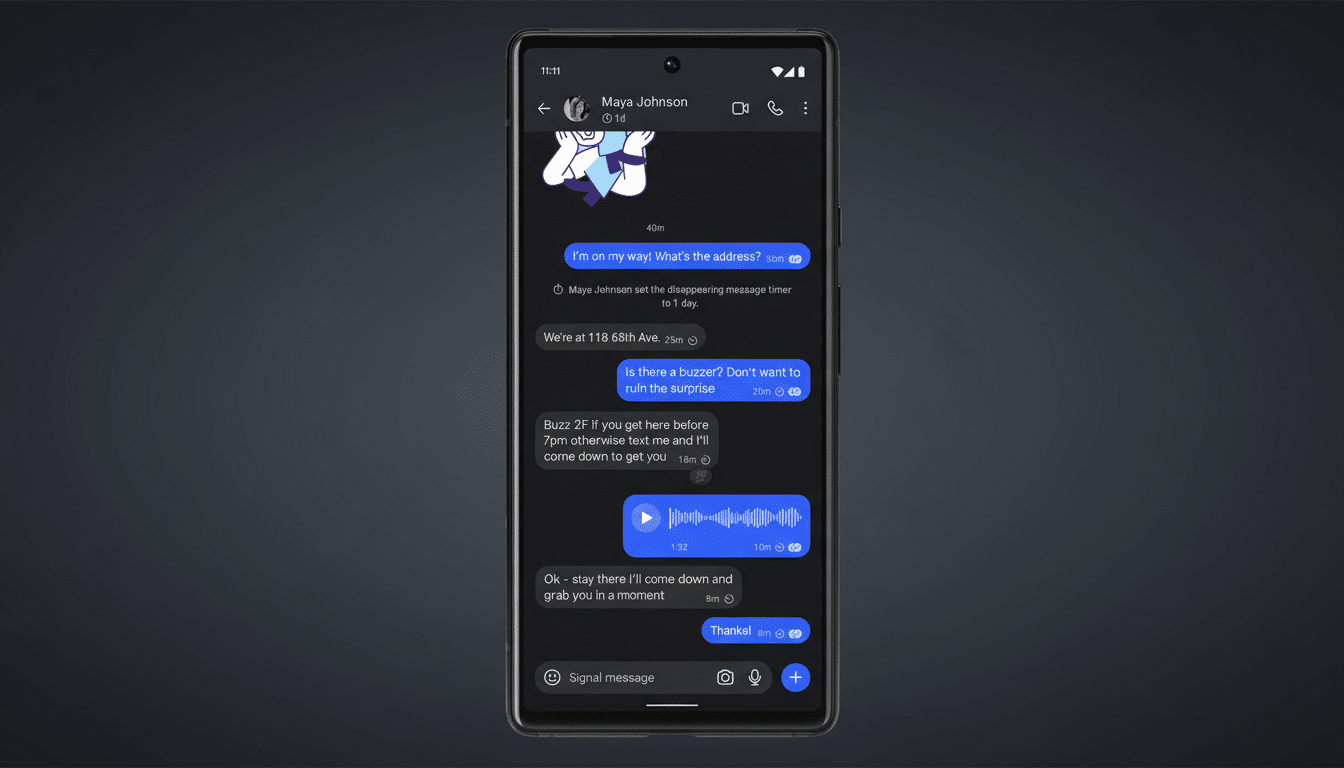 A smartphone displaying a messaging app interface, resized to a 16:9 aspect ratio with a dark, subtly textured background.