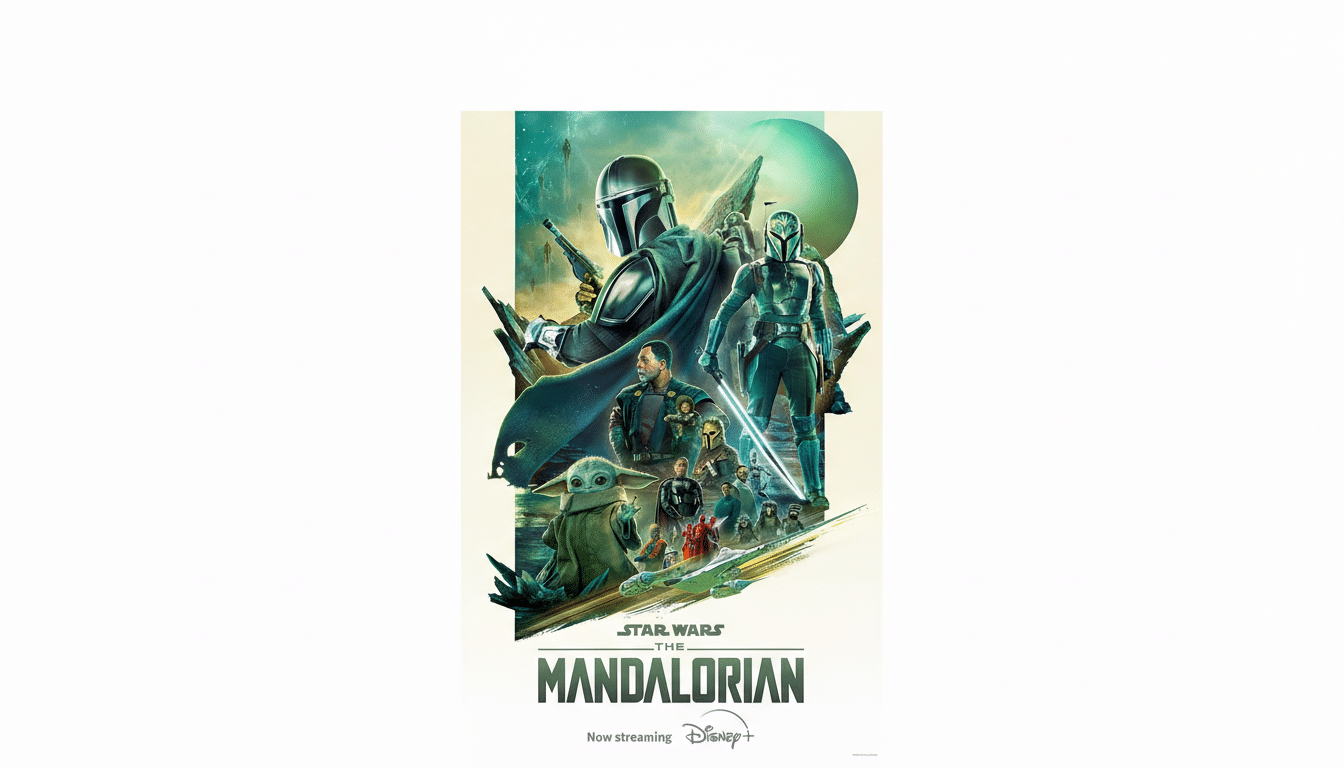 The Mandalorian poster resized to a 16:9 aspect ratio with a professional flat design background.
