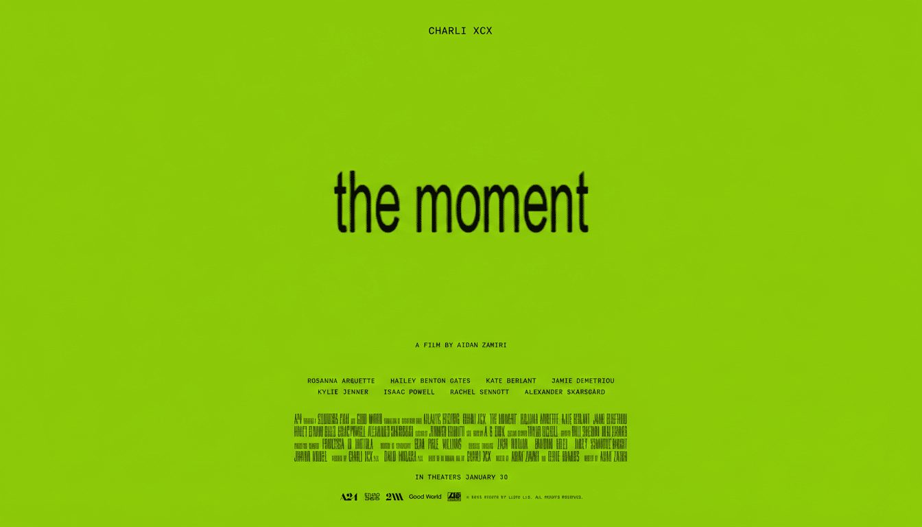 A movie poster for the moment by Charli XCX, featuring the title in a blurry green font on a black background, with credits listed below.