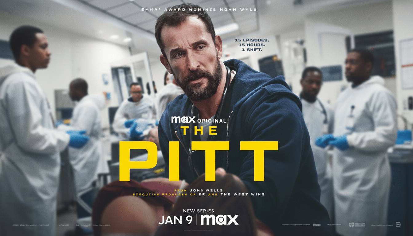 A promotional poster for The Pitt featuring Noah Wyle as a doctor in an emergency room setting, resized to a 16:9 aspect ratio.