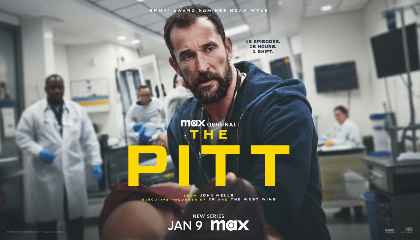A promotional poster for The Pitt featuring Noah Wyle as a doctor in an emergency room, with text overlays about the series.