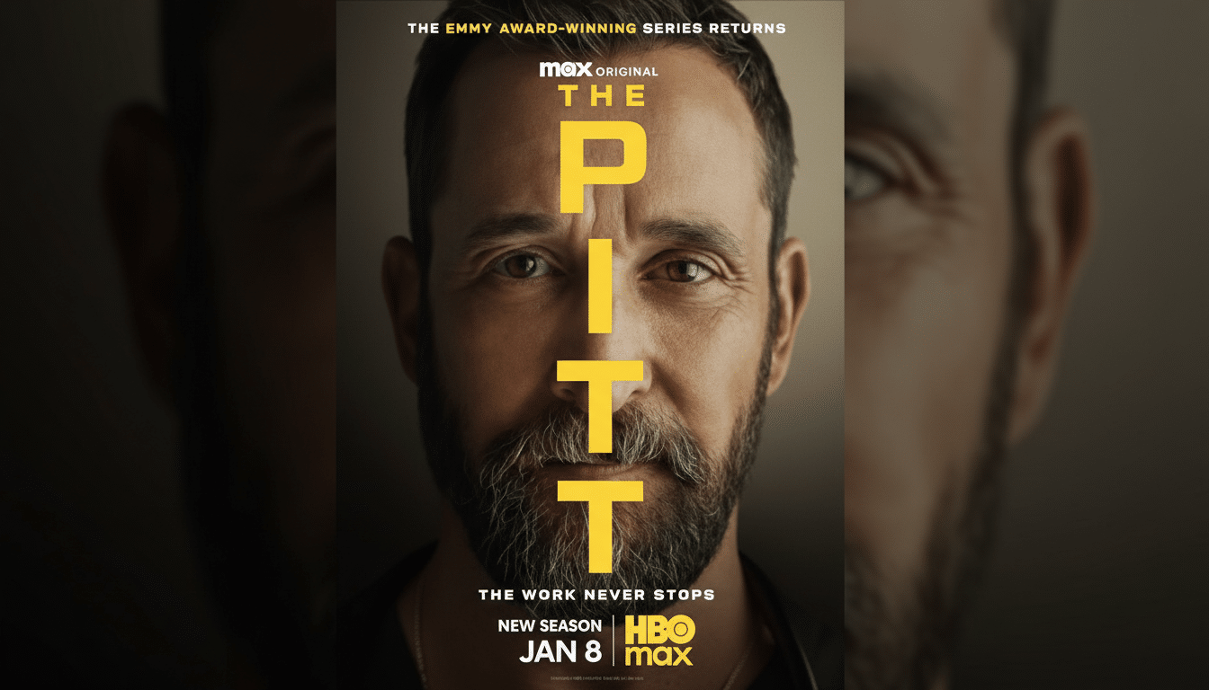 A promotional poster for The Pitt featuring a man with a beard looking directly at the viewer, with the title THE PITT in large yellow letters vertically across his face.